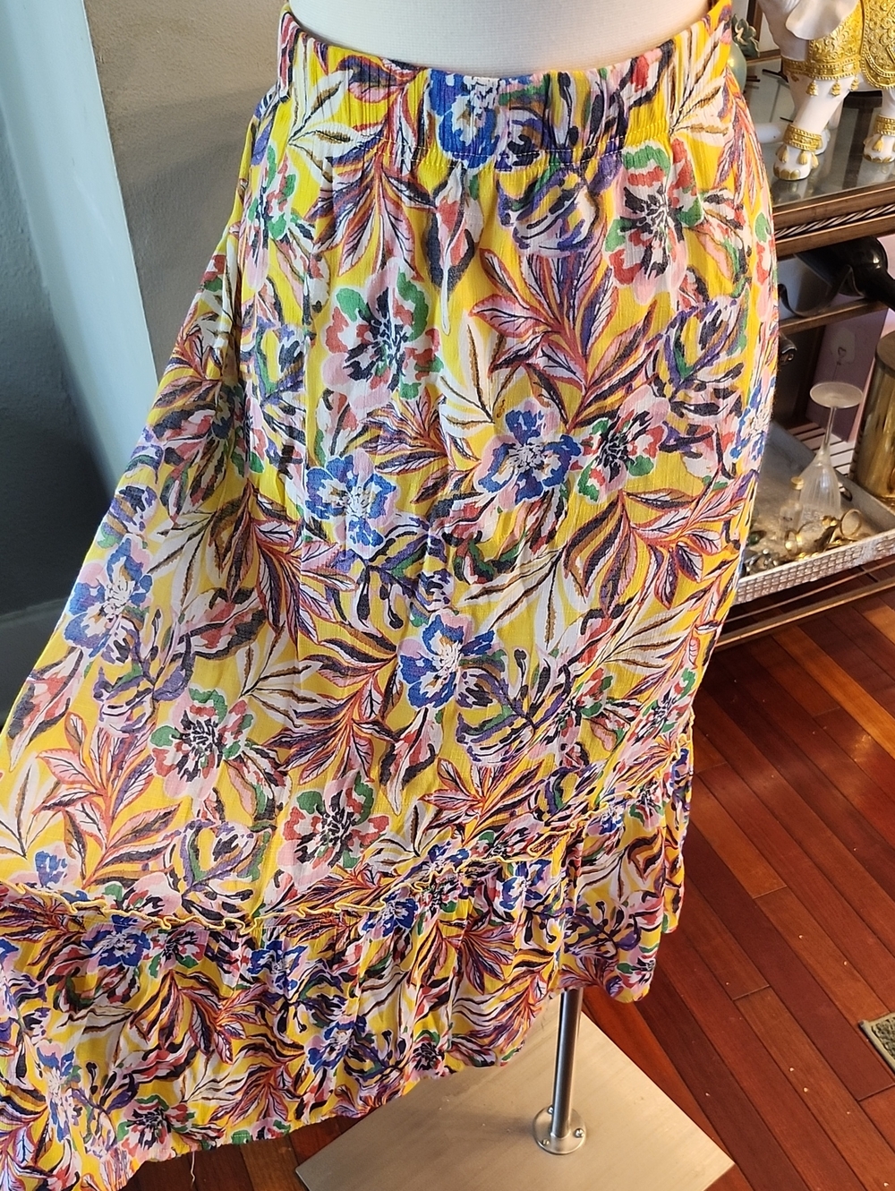 Hope & Harlow Yellow Floral Tiered Midi Skirt Multicolor Sz. XL Boho Chic Euc